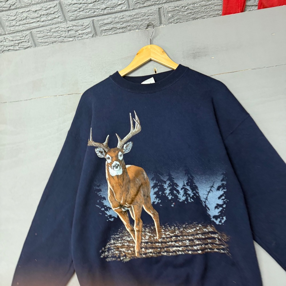 Artisans Vintage Mens Navy Blue Deer Buck Graphic Sweatshirt Heavyweight Large